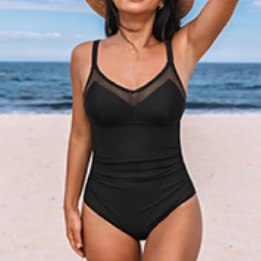 NWT CUPSHE One Piece Swimsuit‎ Bathing Suit V-Neck Back Ruched Mesh Small Black